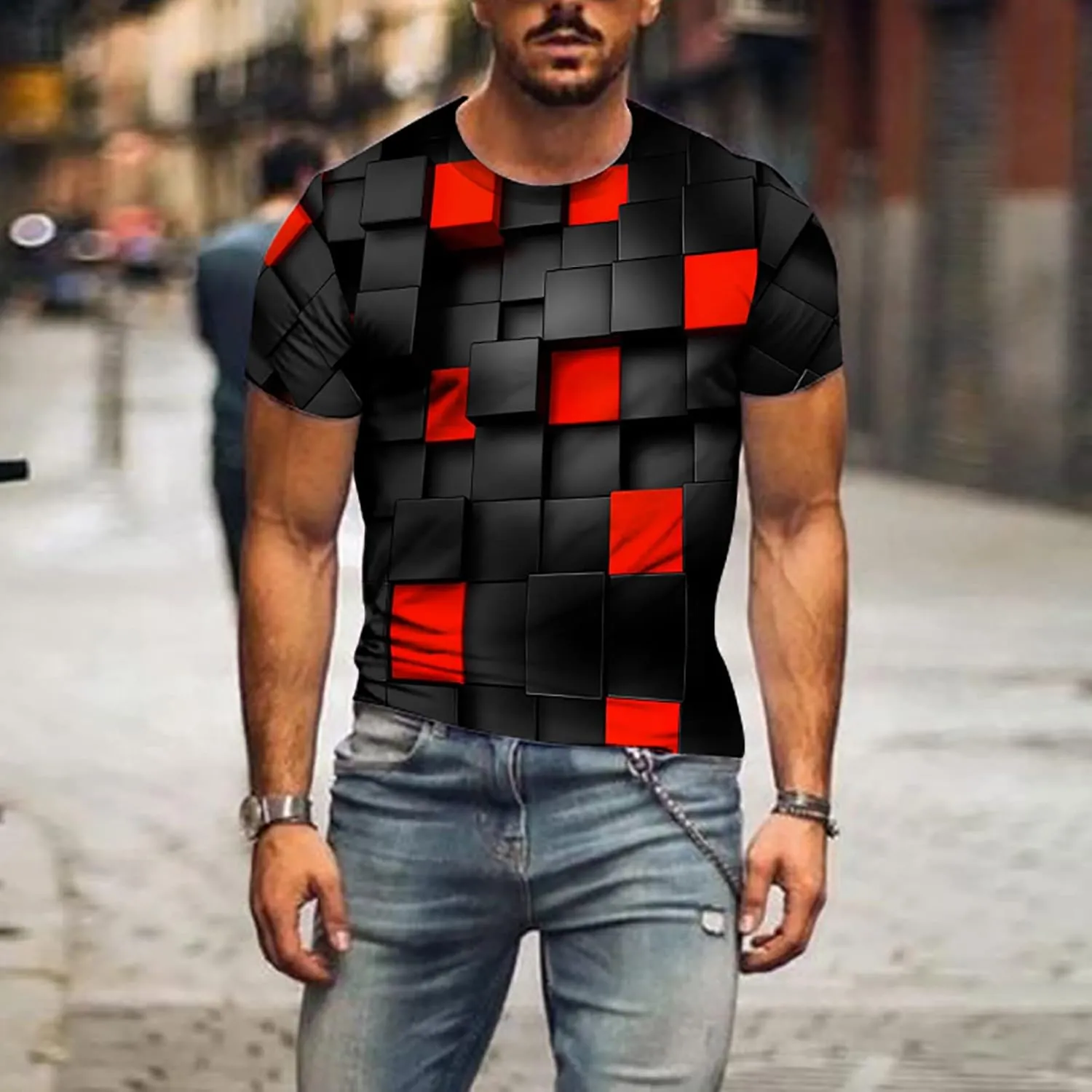 Men's Summer Short Sleeve Shirts, 3D Optical Illusion Print T-Shirts Casual Fashion Funny Tunnel Graphics O Neck Tee Tops
