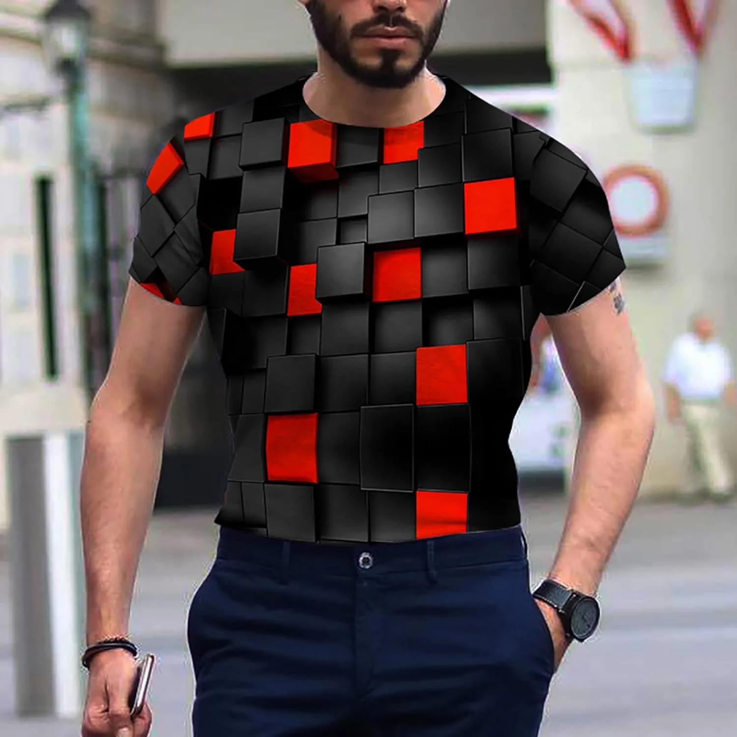 Men's Summer Short Sleeve Shirts, 3D Optical Illusion Print T-Shirts Casual Fashion Funny Tunnel Graphics O Neck Tee Tops