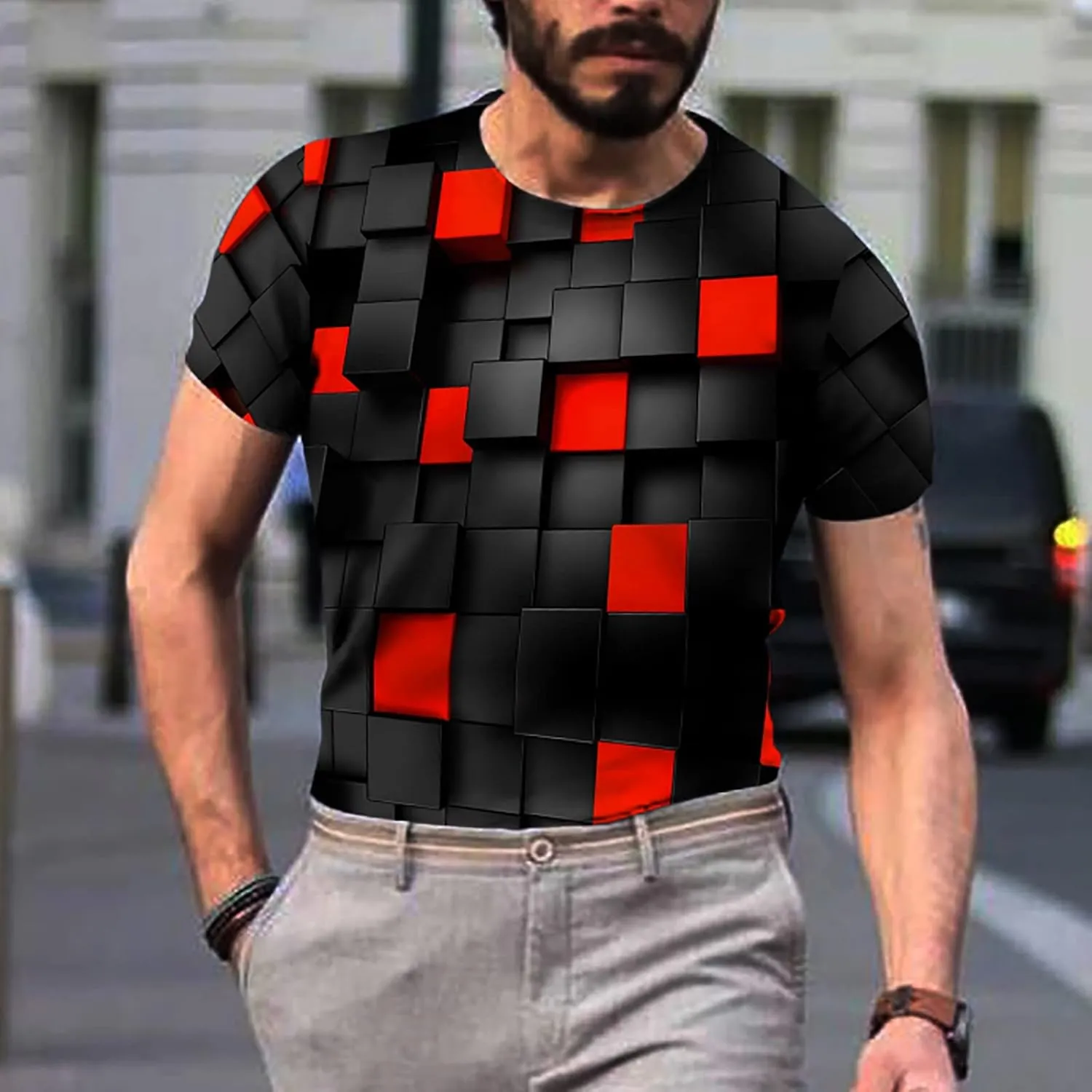 Men's Summer Short Sleeve Shirts, 3D Optical Illusion Print T-Shirts Casual Fashion Funny Tunnel Graphics O Neck Tee Tops