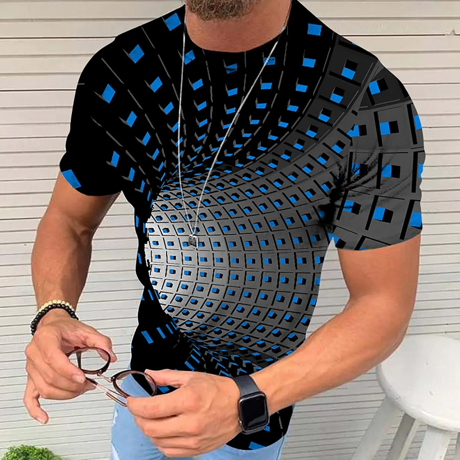 Men's Summer Short Sleeve Shirts, 3D Optical Illusion Print T-Shirts Casual Fashion Funny Tunnel Graphics O Neck Tee Tops