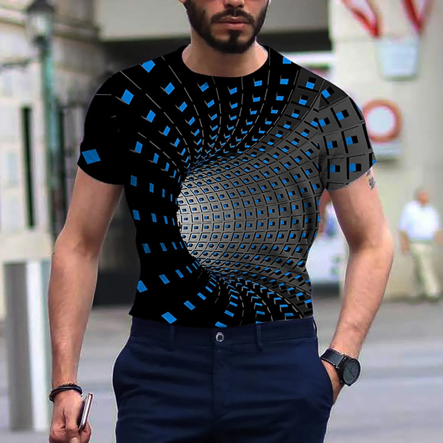 Men's Summer Short Sleeve Shirts, 3D Optical Illusion Print T-Shirts Casual Fashion Funny Tunnel Graphics O Neck Tee Tops