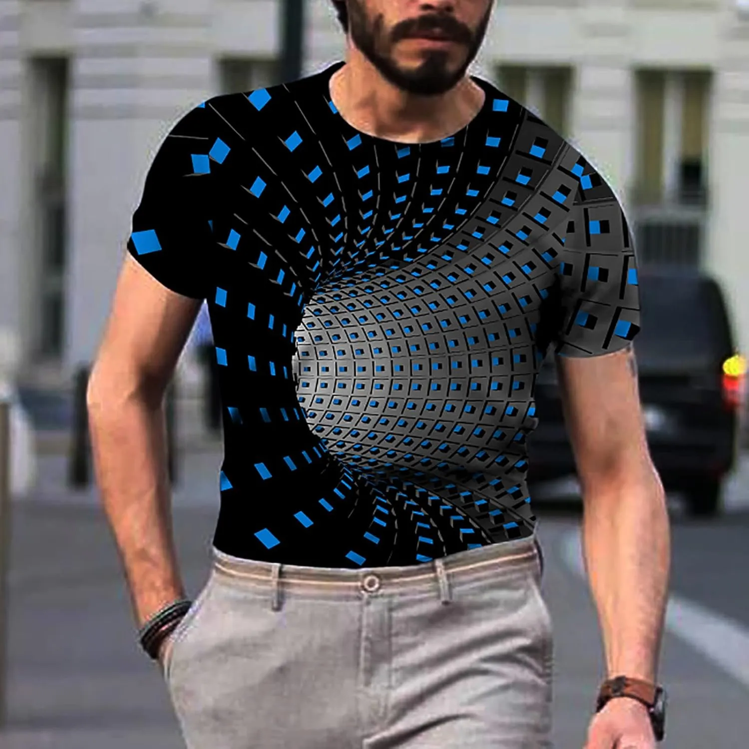 Men's Summer Short Sleeve Shirts, 3D Optical Illusion Print T-Shirts Casual Fashion Funny Tunnel Graphics O Neck Tee Tops