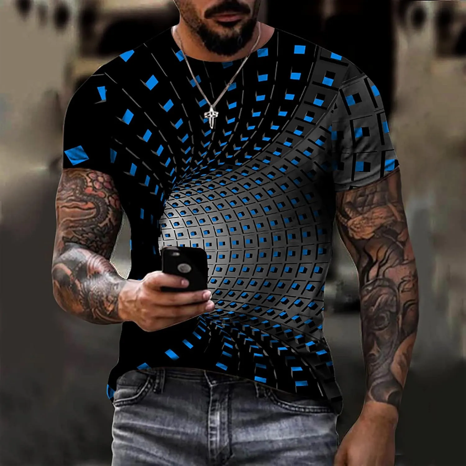 Men's Summer Short Sleeve Shirts, 3D Optical Illusion Print T-Shirts Casual Fashion Funny Tunnel Graphics O Neck Tee Tops