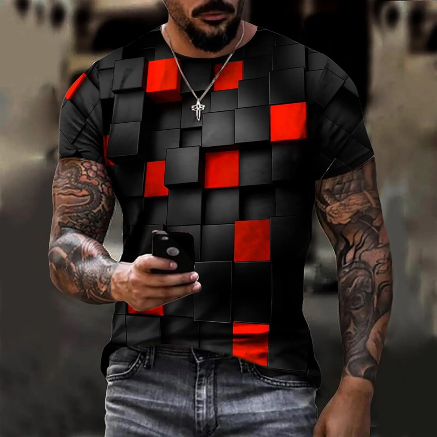 Men's Summer Short Sleeve Shirts, 3D Optical Illusion Print T-Shirts Casual Fashion Funny Tunnel Graphics O Neck Tee Tops