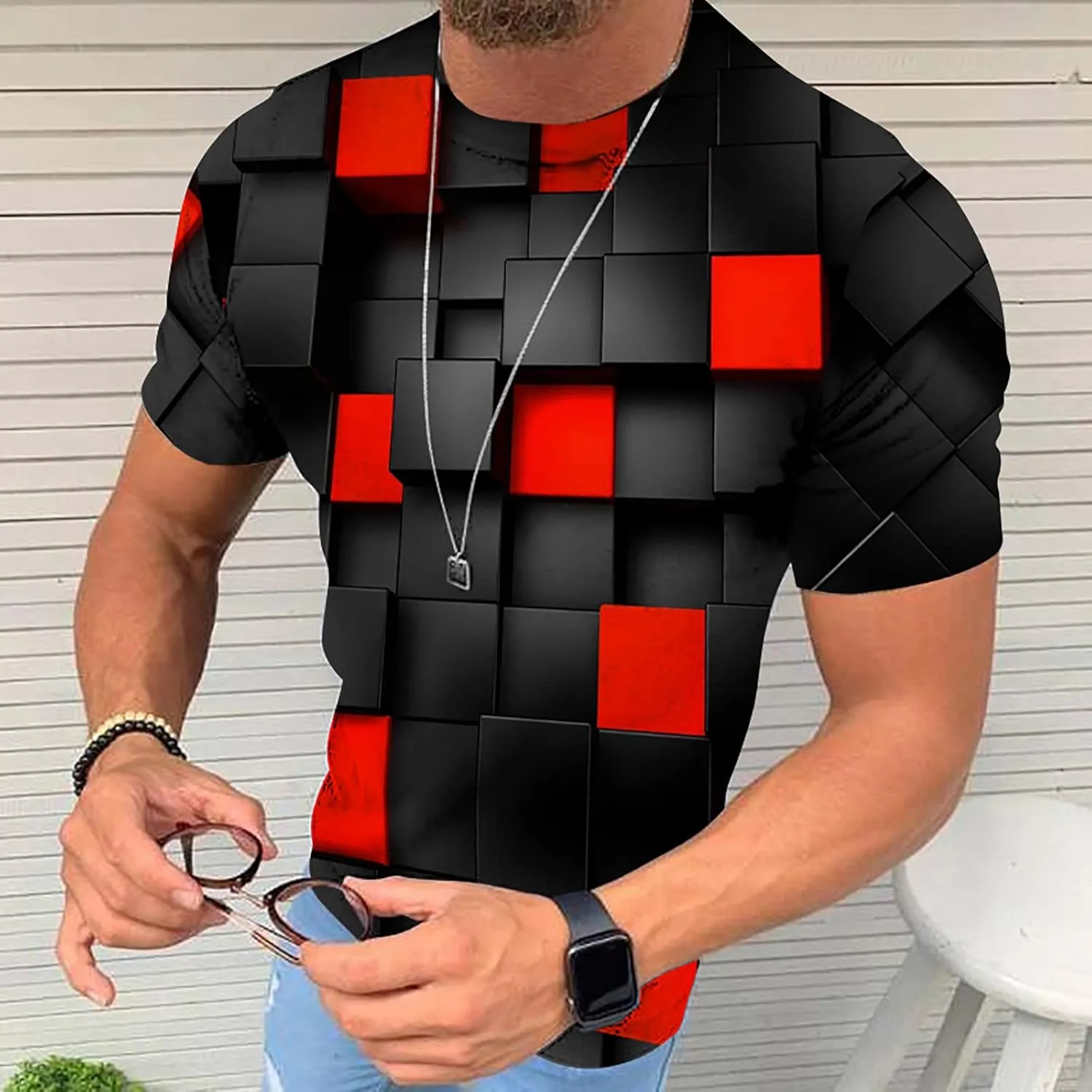Men's Summer Short Sleeve Shirts, 3D Optical Illusion Print T-Shirts Casual Fashion Funny Tunnel Graphics O Neck Tee Tops