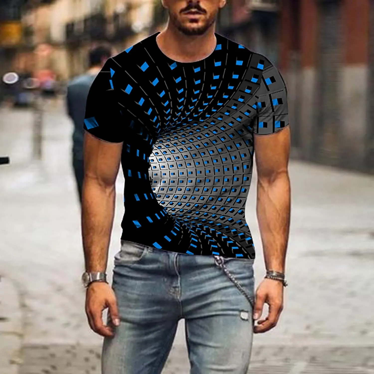 Men's Summer Short Sleeve Shirts, 3D Optical Illusion Print T-Shirts Casual Fashion Funny Tunnel Graphics O Neck Tee Tops
