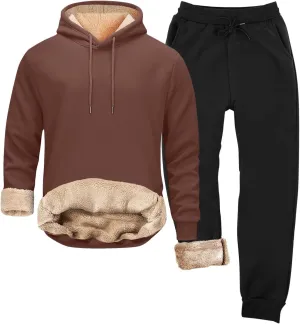 Mens Sweatsuit Sherpa Lined 2 Piece Sweatshirts Set Hooded Pullovers Fleece Sweatpants Winter Warm Thermal Tracksuits