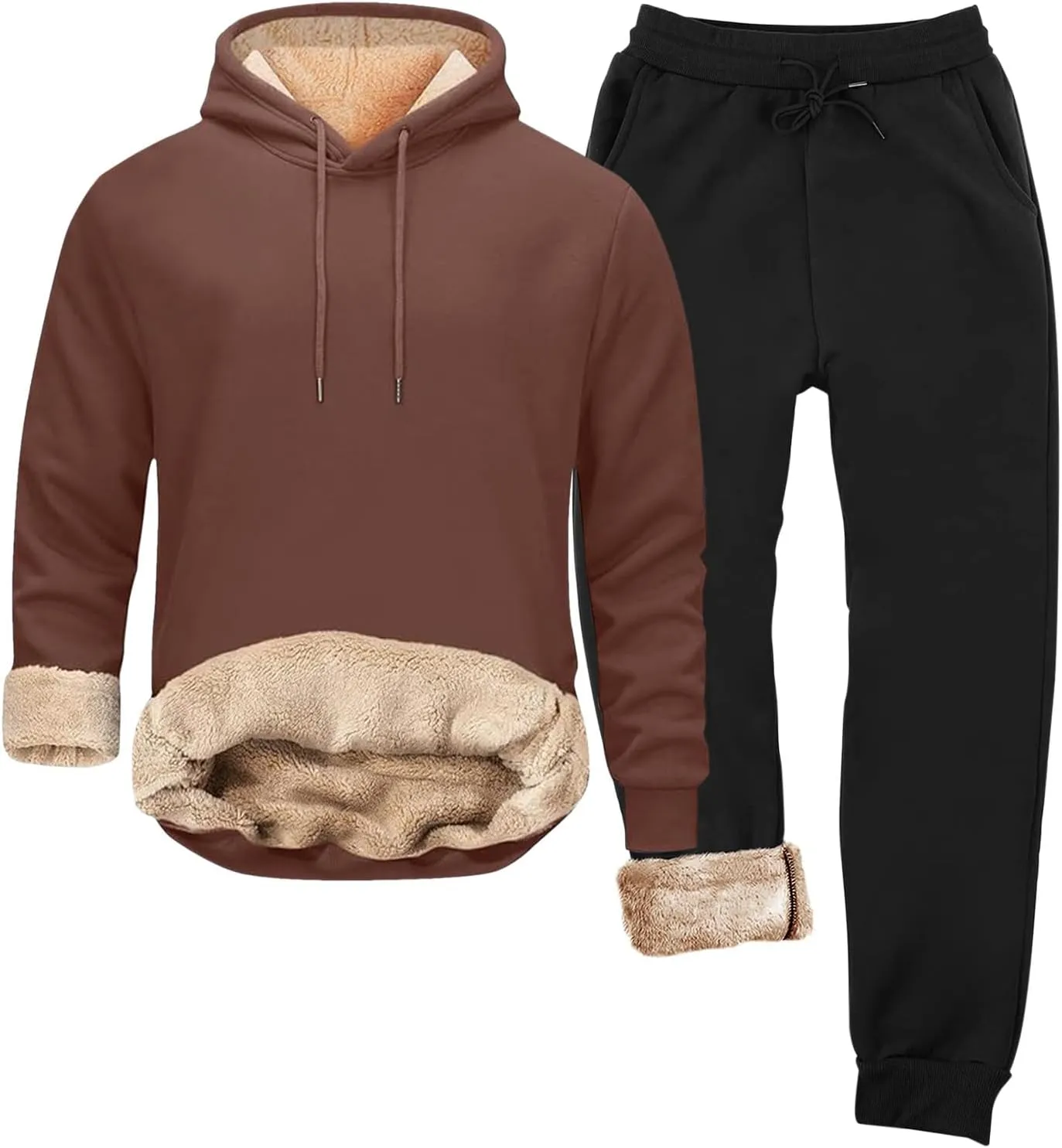 Mens Sweatsuit Sherpa Lined 2 Piece Sweatshirts Set Hooded Pullovers Fleece Sweatpants Winter Warm Thermal Tracksuits