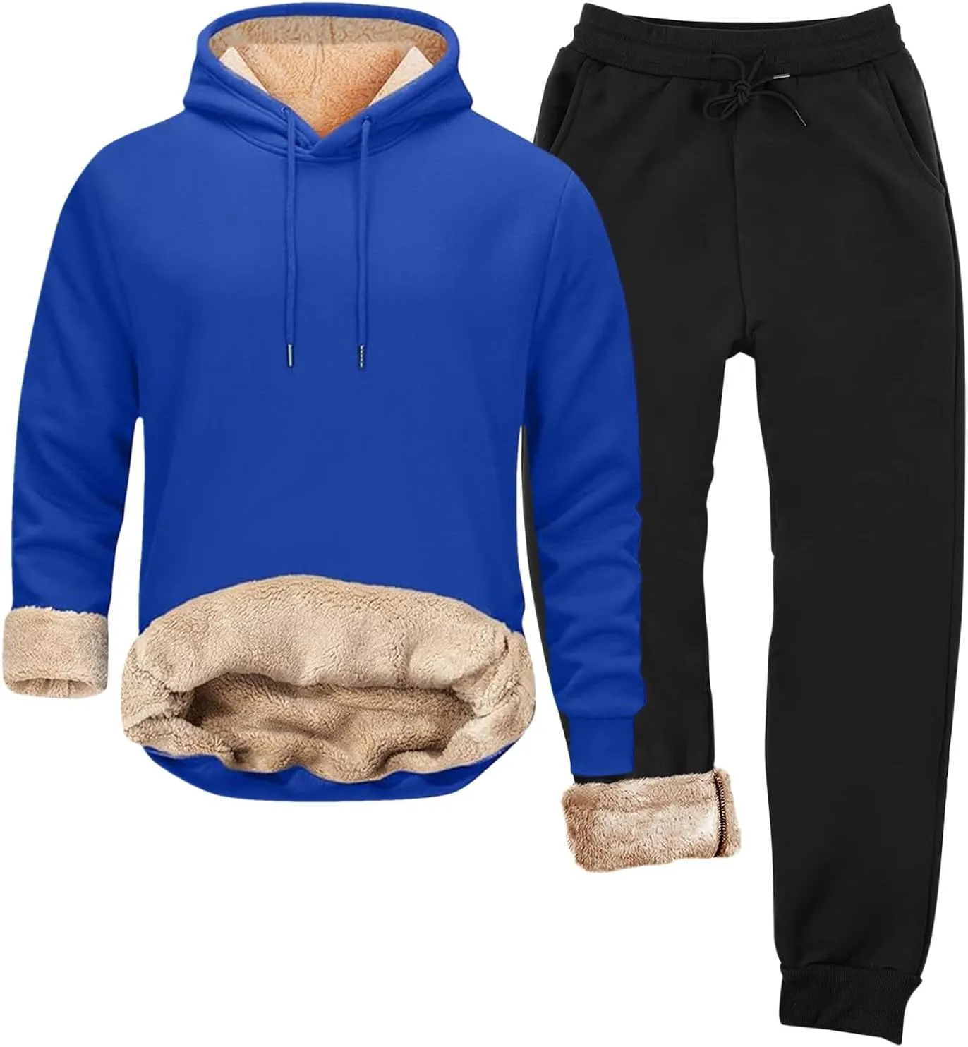 Mens Sweatsuit Sherpa Lined 2 Piece Sweatshirts Set Hooded Pullovers Fleece Sweatpants Winter Warm Thermal Tracksuits