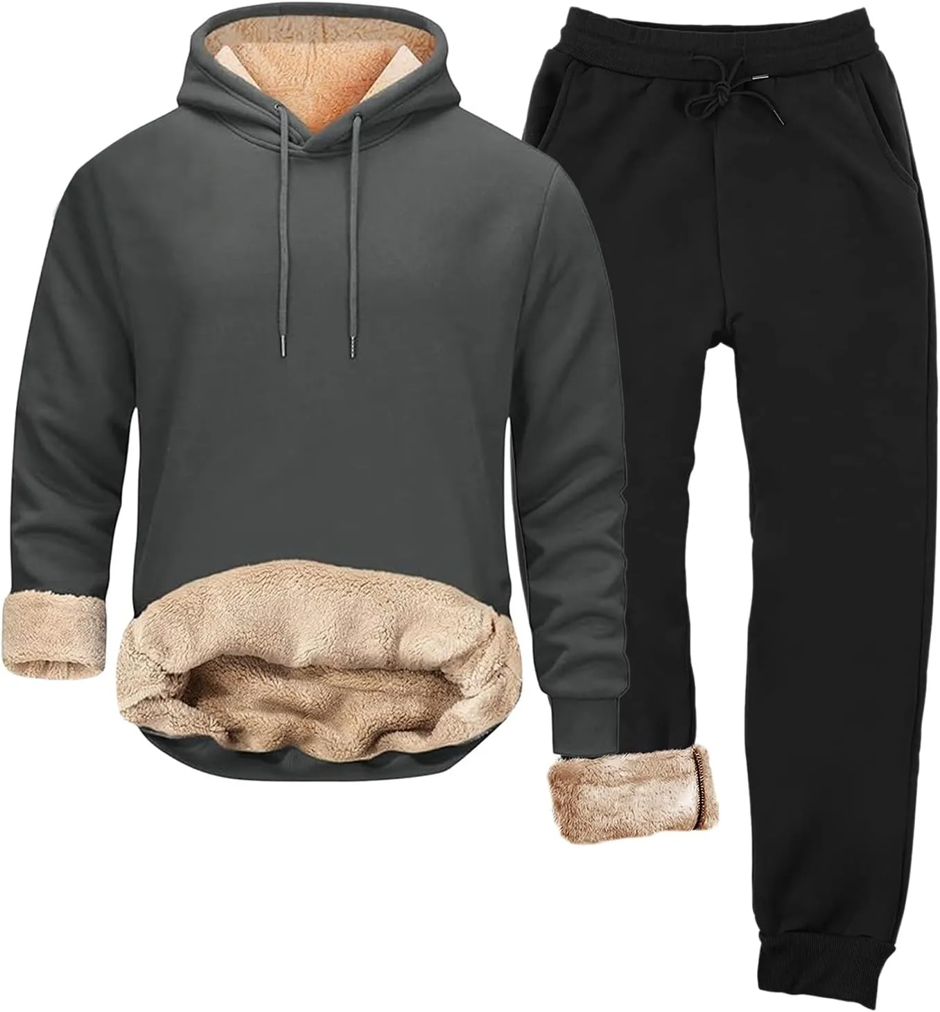 Mens Sweatsuit Sherpa Lined 2 Piece Sweatshirts Set Hooded Pullovers Fleece Sweatpants Winter Warm Thermal Tracksuits