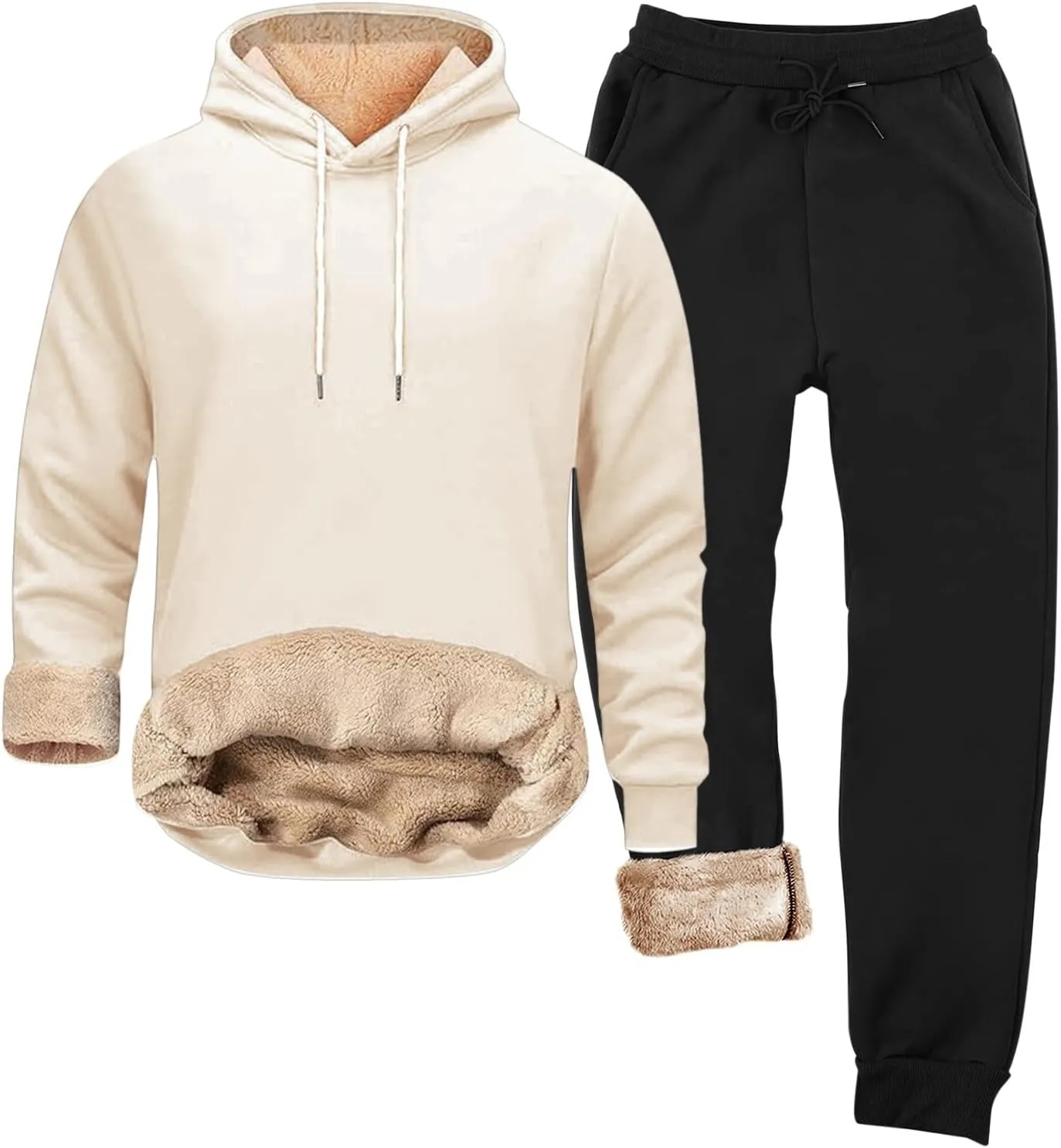 Mens Sweatsuit Sherpa Lined 2 Piece Sweatshirts Set Hooded Pullovers Fleece Sweatpants Winter Warm Thermal Tracksuits