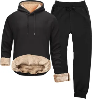 Mens Sweatsuit Sherpa Lined 2 Piece Sweatshirts Set Hooded Pullovers Fleece Sweatpants Winter Warm Thermal Tracksuits