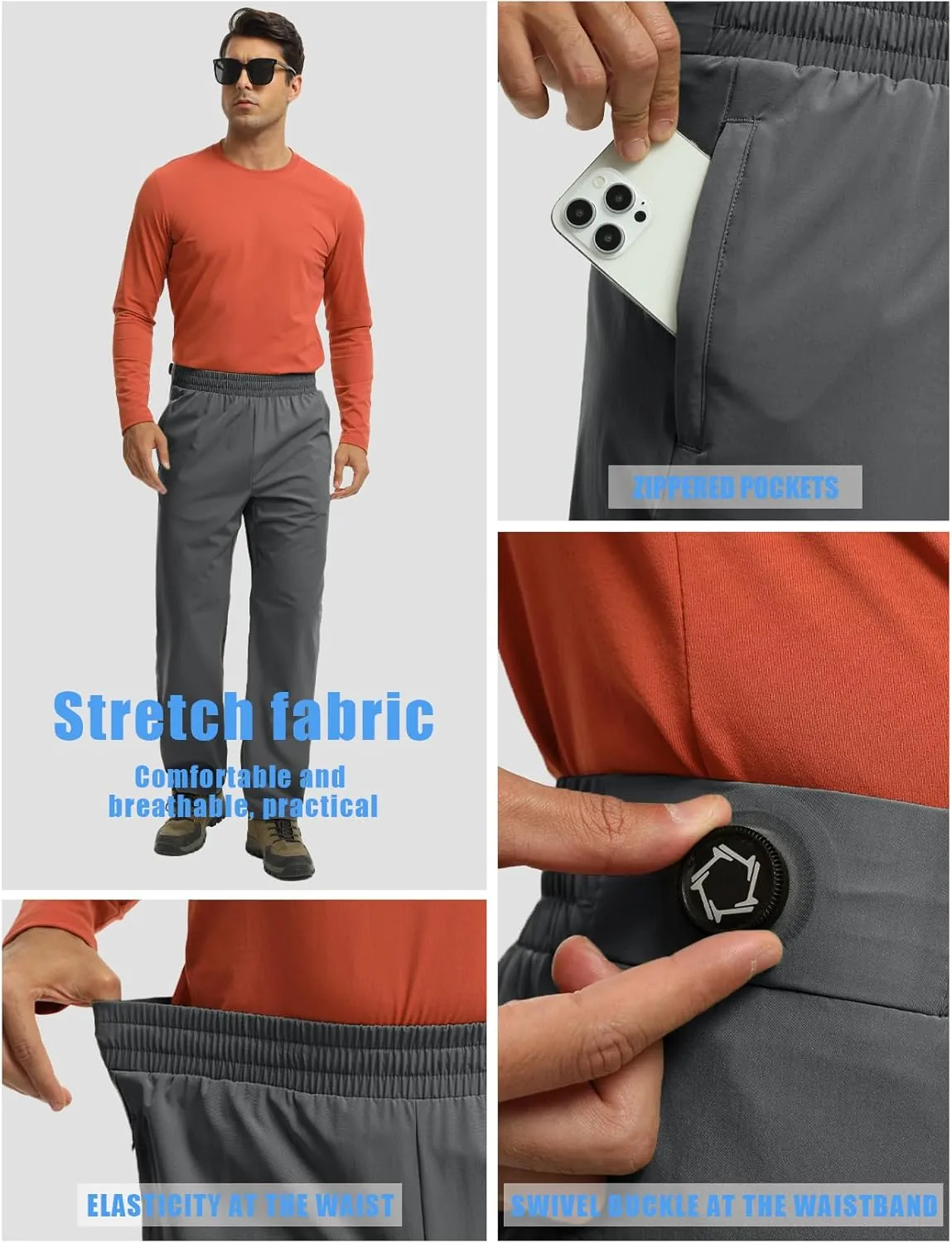 Mens Track Pants Quick Dry Lightweight Joggers Athletic Running Pants Zipper Pockets