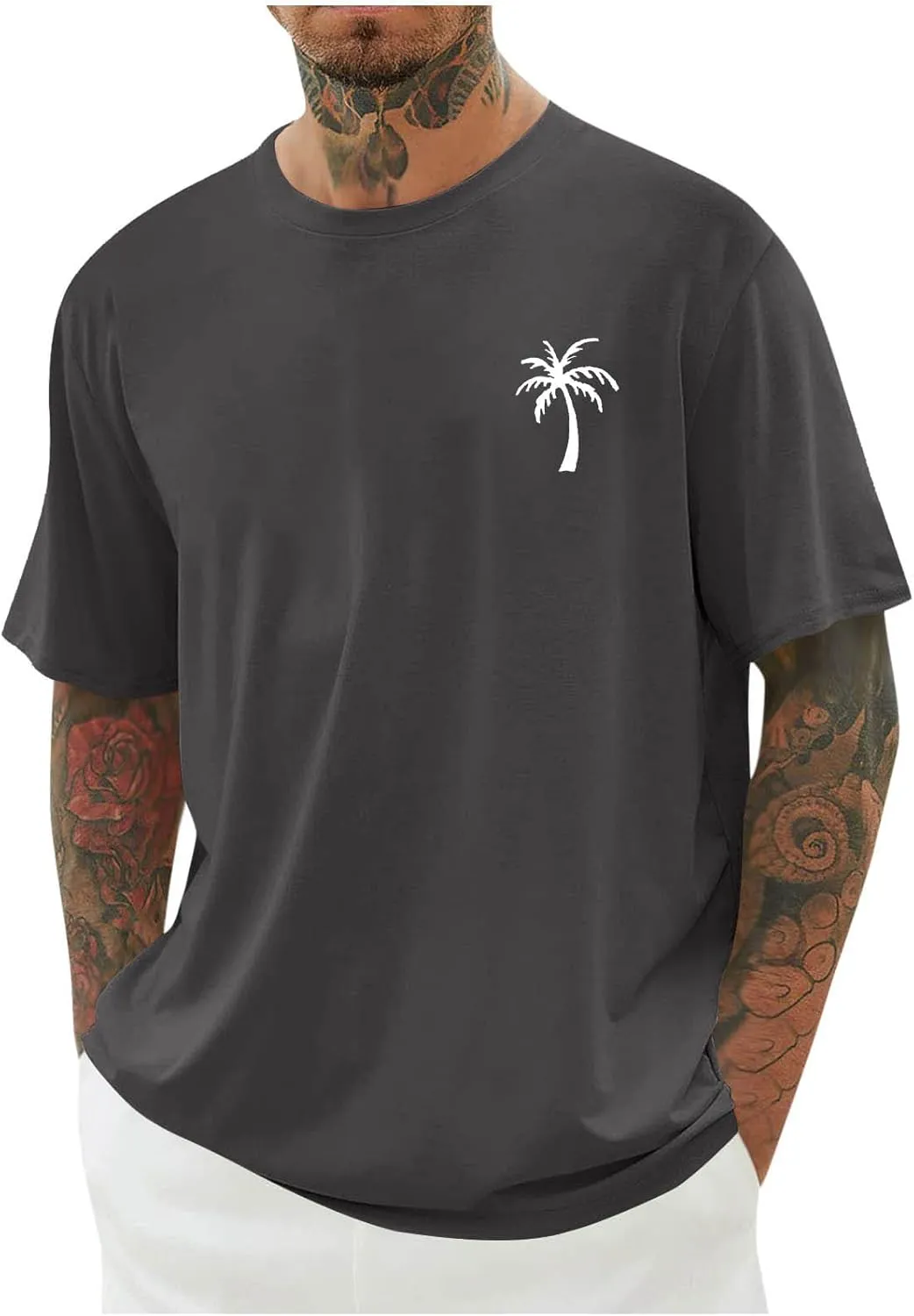 Men's Tropical Coconut Trees Printed Hawaiian T Shirt Short Sleeve Crew Neck Casual Summer Basic Tee Shirts Tops