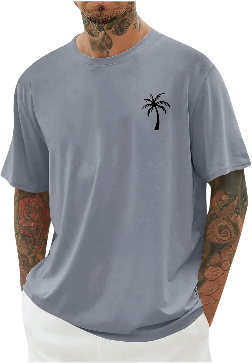 Men's Tropical Coconut Trees Printed Hawaiian T Shirt Short Sleeve Crew Neck Casual Summer Basic Tee Shirts Tops