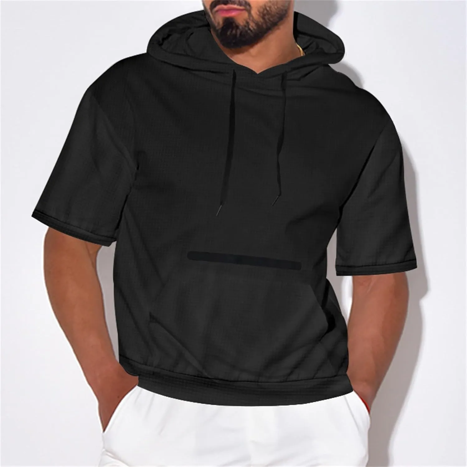 Mens Waffle Hoodies Short Sleeve Shirts with Pockets Drawstring 2025 Summer Casual Shirts Sweatshirts Pullover Tops