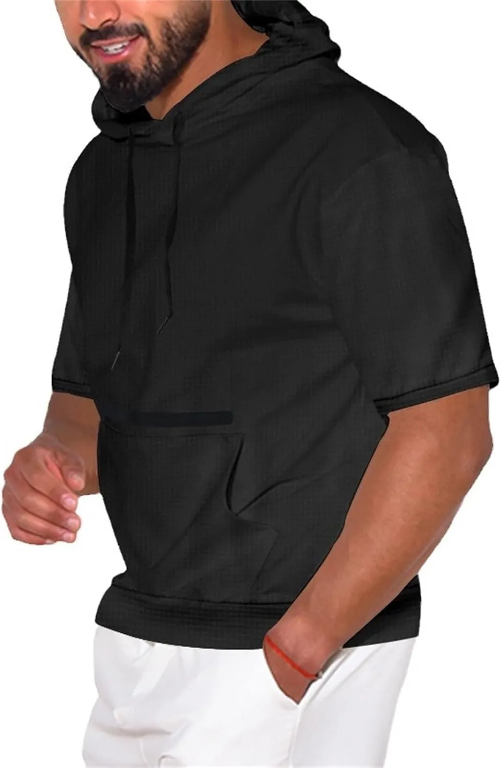 Mens Waffle Hoodies Short Sleeve Shirts with Pockets Drawstring 2025 Summer Casual Shirts Sweatshirts Pullover Tops