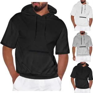 Mens Waffle Hoodies Short Sleeve Shirts with Pockets Drawstring 2025 Summer Casual Shirts Sweatshirts Pullover Tops