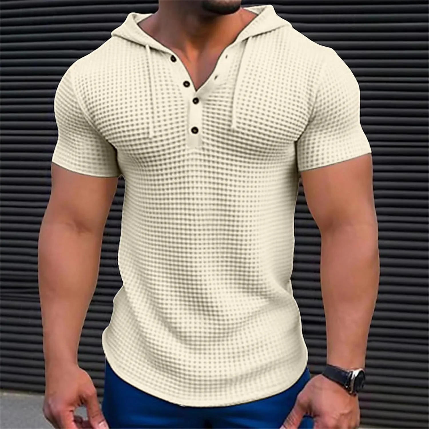 Men's Waffle Knit Hoodies Short Sleeve Drawstring Sweatshirts Solid Color Quarter Button Shirts Muscle Fit T Shirts