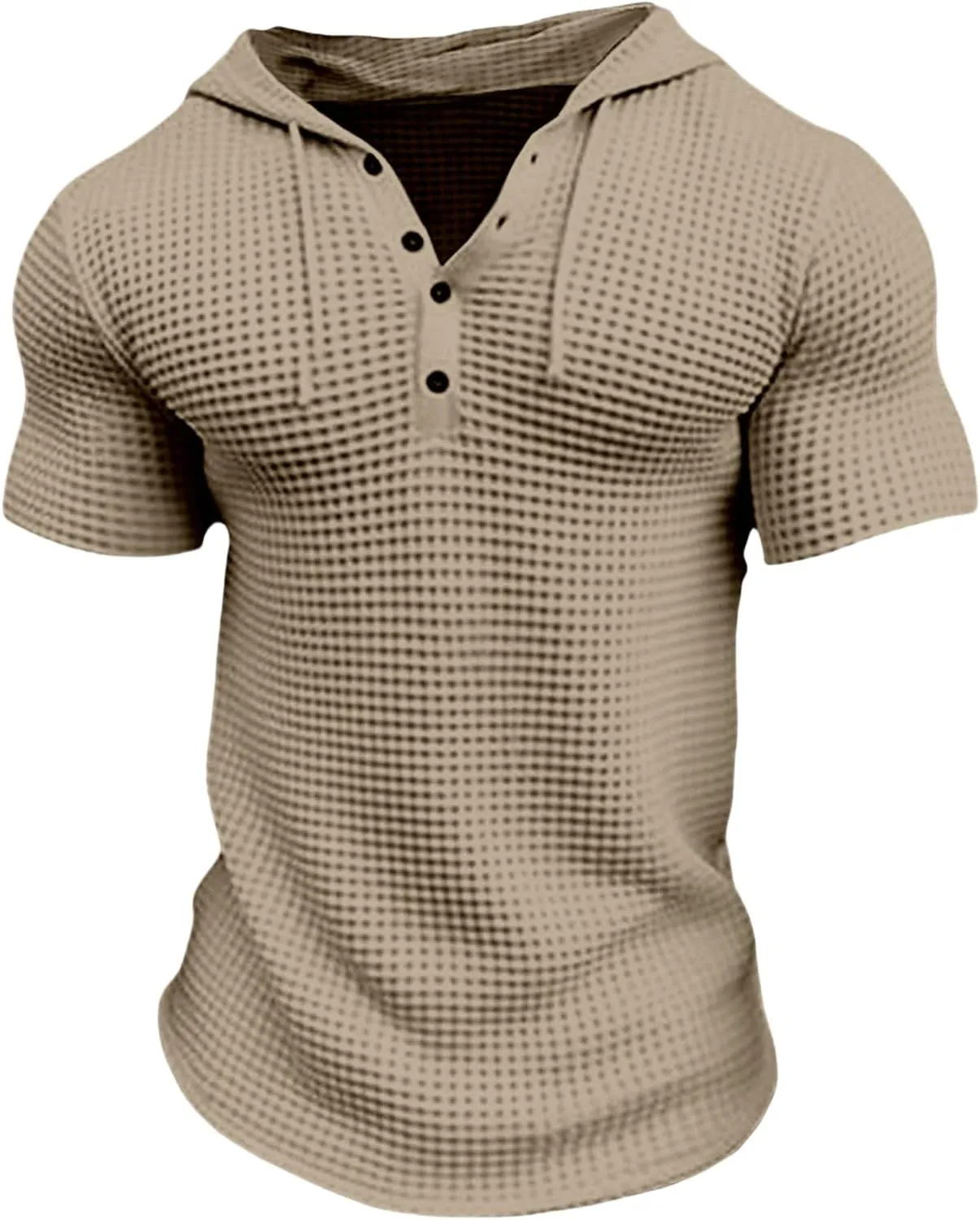 Men's Waffle Knit Hoodies Short Sleeve Drawstring Sweatshirts Solid Color Quarter Button Shirts Muscle Fit T Shirts