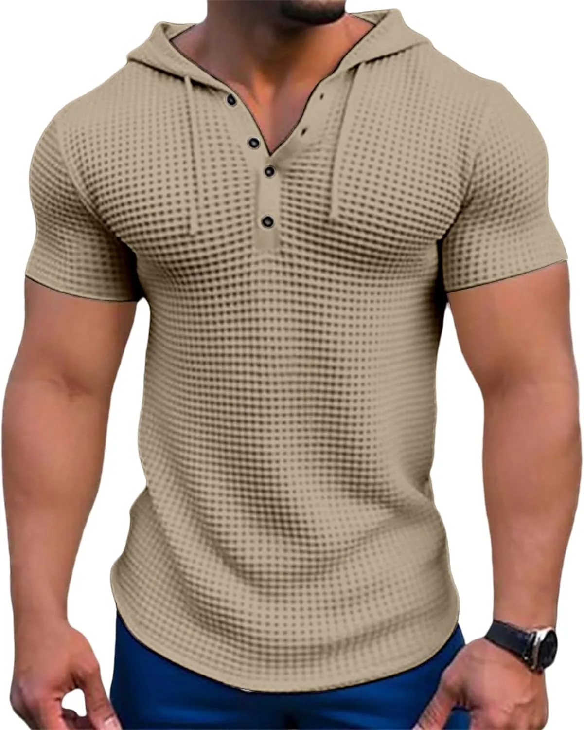 Men's Waffle Knit Hoodies Short Sleeve Drawstring Sweatshirts Solid Color Quarter Button Shirts Muscle Fit T Shirts
