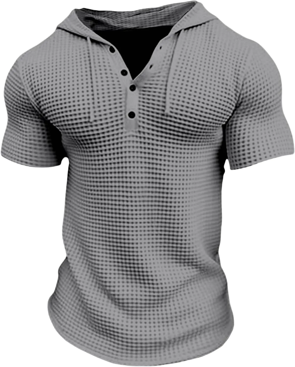 Men's Waffle Knit Hoodies Short Sleeve Drawstring Sweatshirts Solid Color Quarter Button Shirts Muscle Fit T Shirts