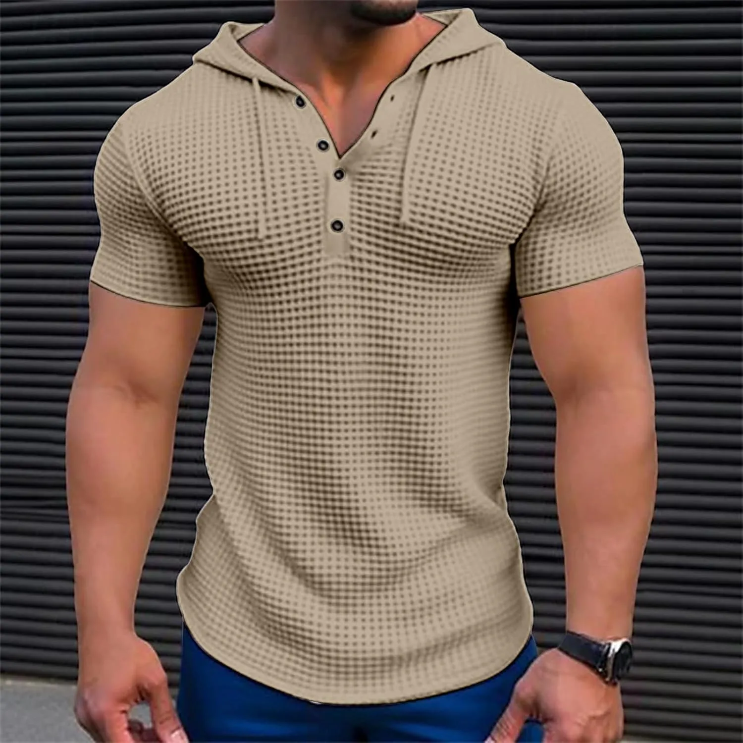 Men's Waffle Knit Hoodies Short Sleeve Drawstring Sweatshirts Solid Color Quarter Button Shirts Muscle Fit T Shirts