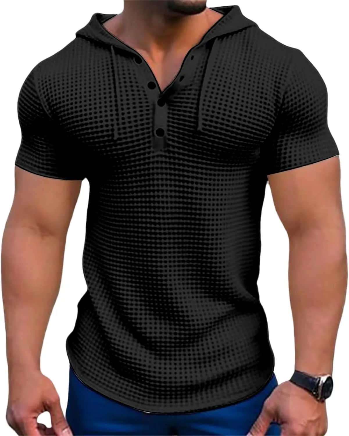 Men's Waffle Knit Hoodies Short Sleeve Drawstring Sweatshirts Solid Color Quarter Button Shirts Muscle Fit T Shirts