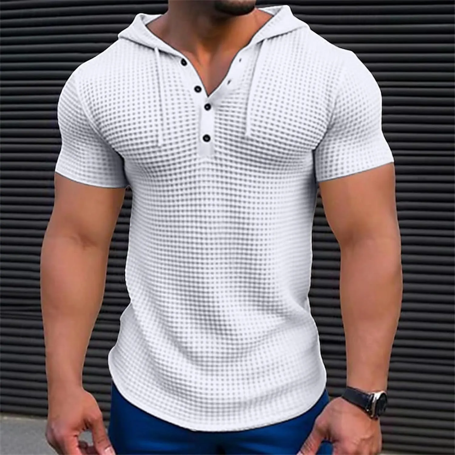 Men's Waffle Knit Hoodies Short Sleeve Drawstring Sweatshirts Solid Color Quarter Button Shirts Muscle Fit T Shirts
