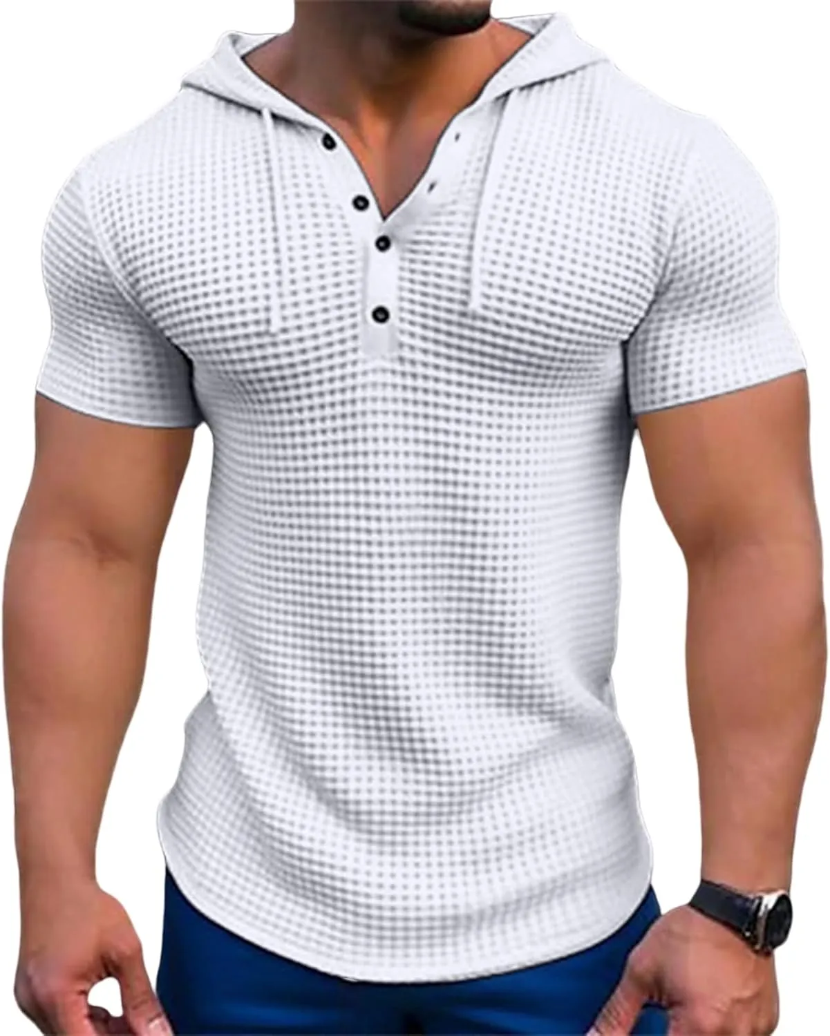 Men's Waffle Knit Hoodies Short Sleeve Drawstring Sweatshirts Solid Color Quarter Button Shirts Muscle Fit T Shirts
