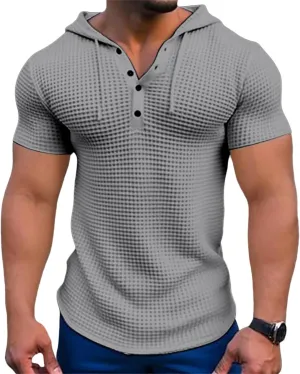 Men's Waffle Knit Hoodies Short Sleeve Drawstring Sweatshirts Solid Color Quarter Button Shirts Muscle Fit T Shirts