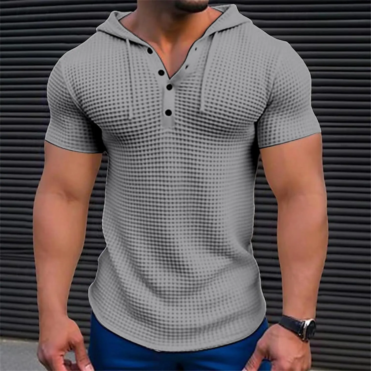 Men's Waffle Knit Hoodies Short Sleeve Drawstring Sweatshirts Solid Color Quarter Button Shirts Muscle Fit T Shirts