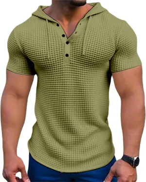 Men's Waffle Knit Hoodies Short Sleeve Drawstring Sweatshirts Solid Color Quarter Button Shirts Muscle Fit T Shirts