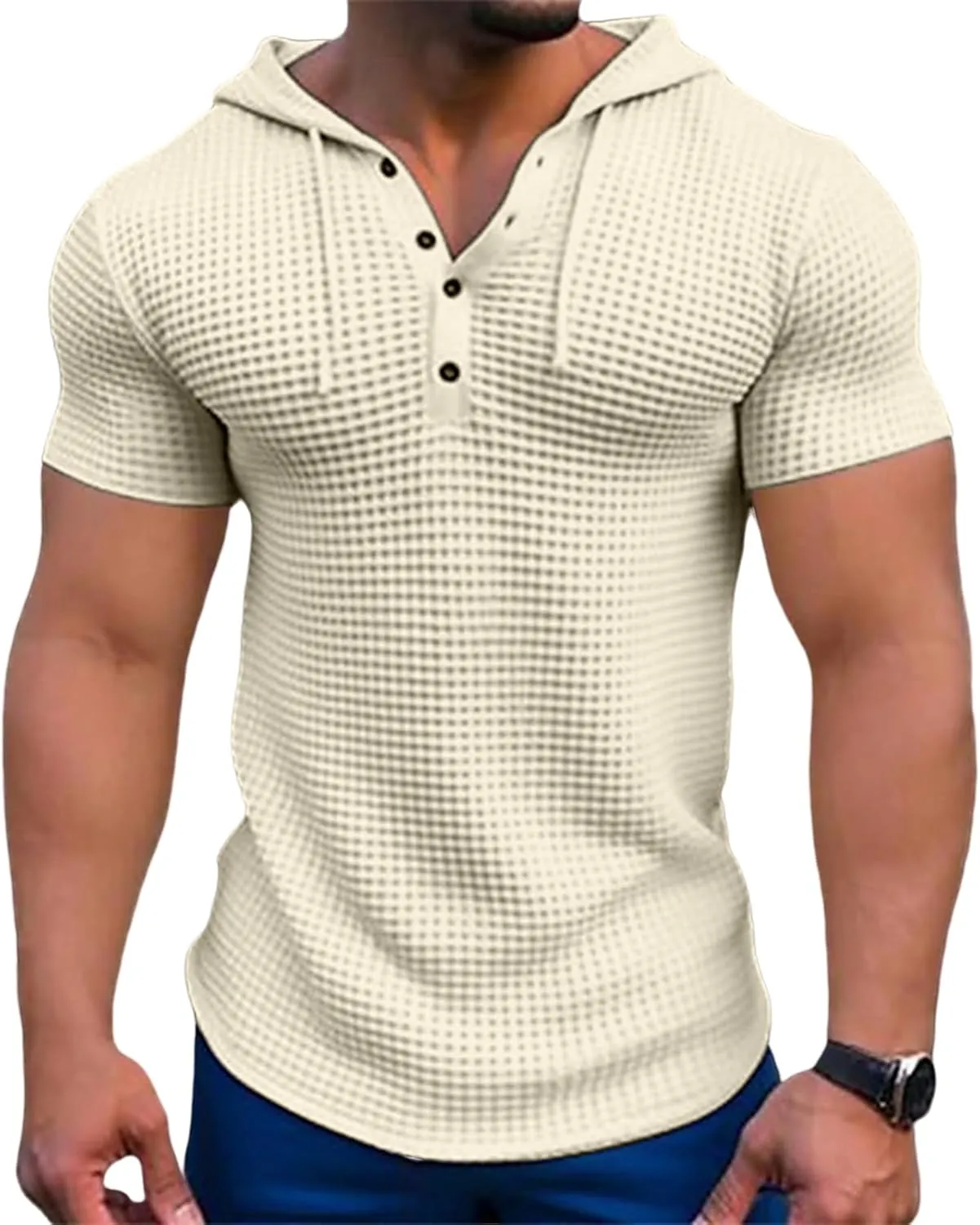Men's Waffle Knit Hoodies Short Sleeve Drawstring Sweatshirts Solid Color Quarter Button Shirts Muscle Fit T Shirts