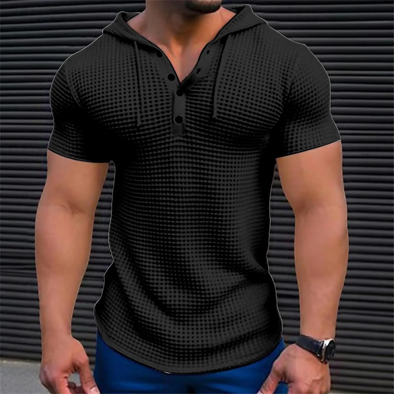 Men's Waffle Knit Hoodies Short Sleeve Drawstring Sweatshirts Solid Color Quarter Button Shirts Muscle Fit T Shirts