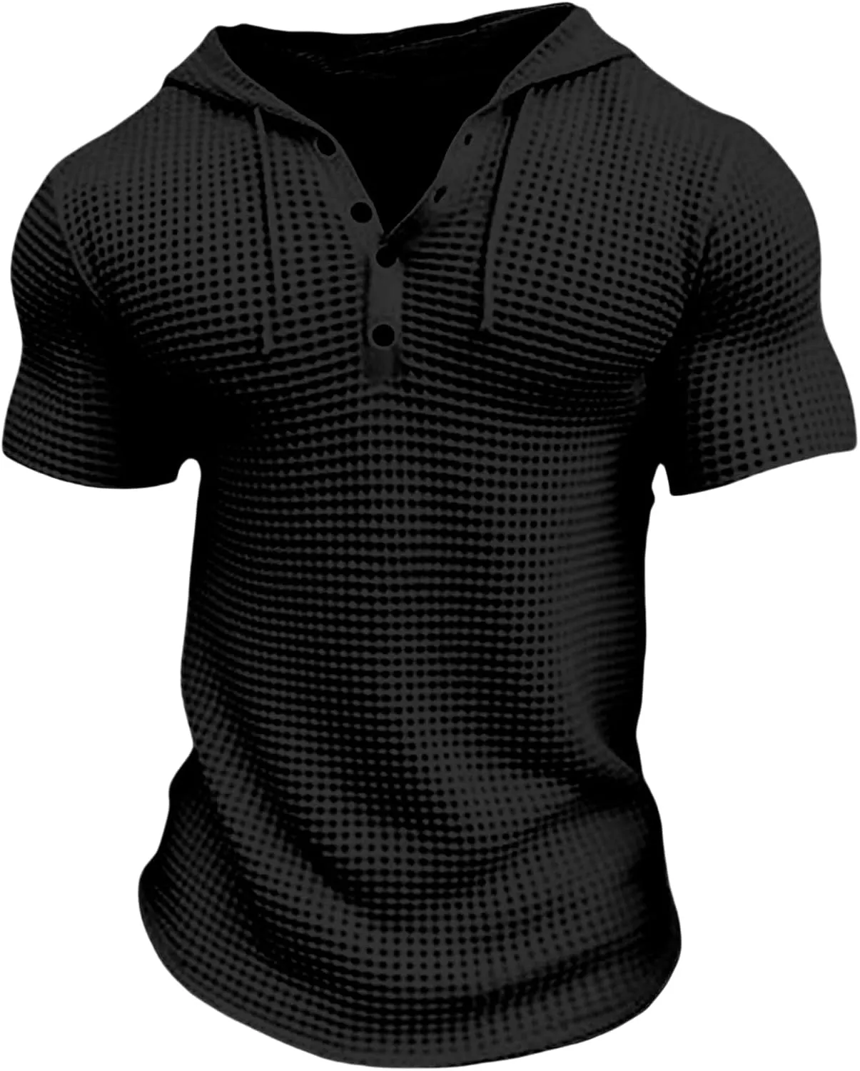 Men's Waffle Knit Hoodies Short Sleeve Drawstring Sweatshirts Solid Color Quarter Button Shirts Muscle Fit T Shirts