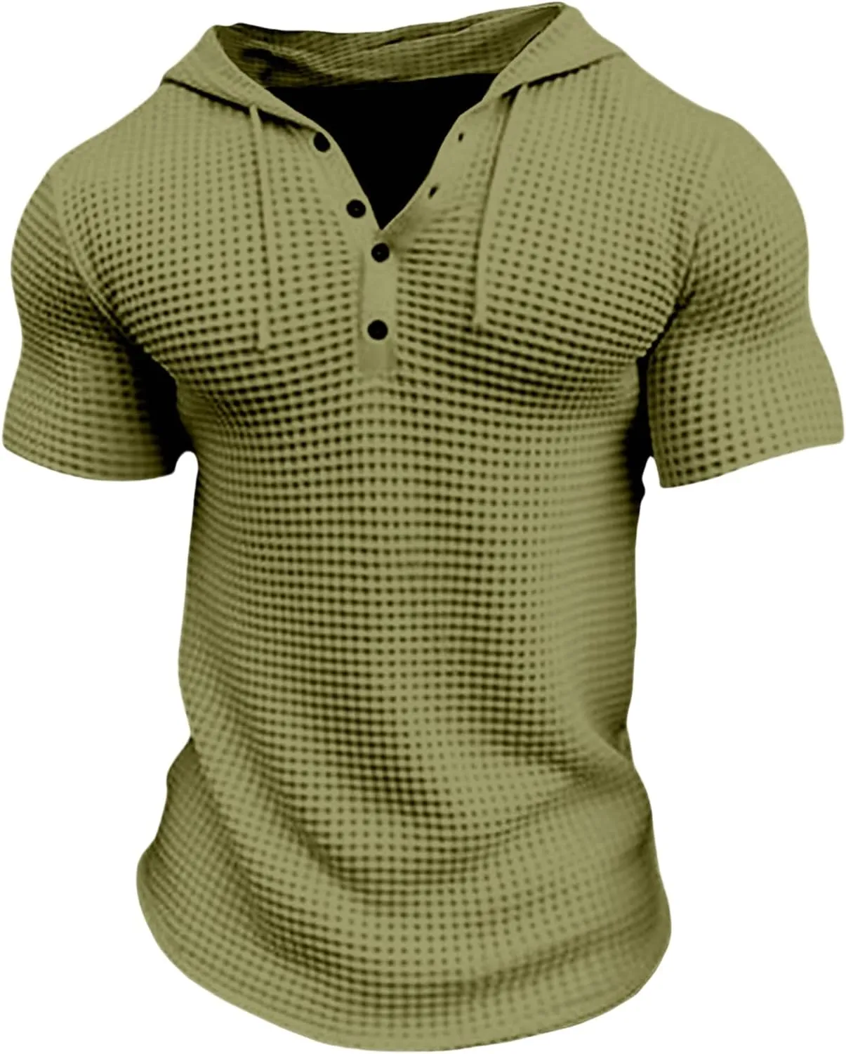Men's Waffle Knit Hoodies Short Sleeve Drawstring Sweatshirts Solid Color Quarter Button Shirts Muscle Fit T Shirts