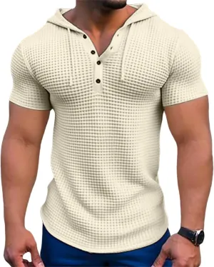 Men's Waffle Knit Hoodies Short Sleeve Drawstring Sweatshirts Solid Color Quarter Button Shirts Muscle Fit T Shirts