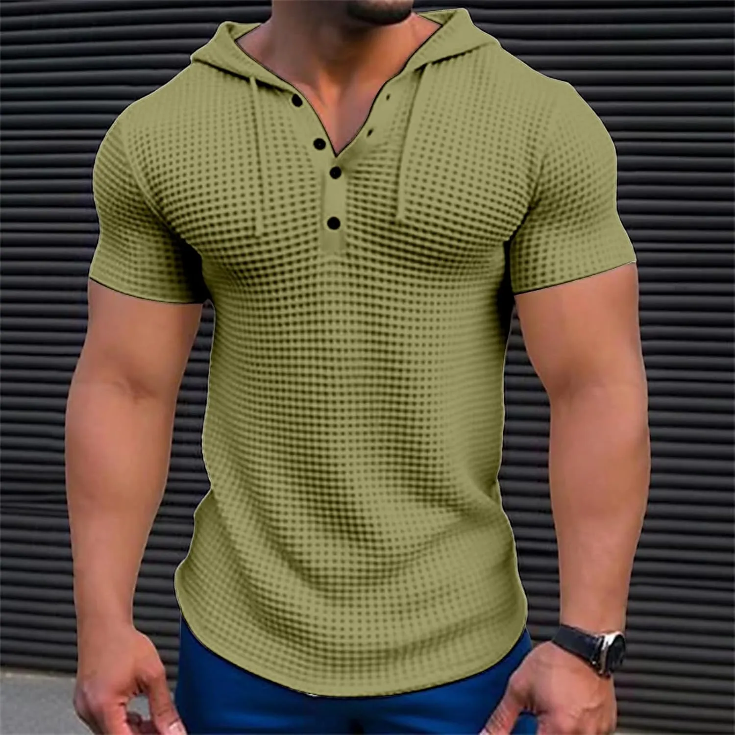 Men's Waffle Knit Hoodies Short Sleeve Drawstring Sweatshirts Solid Color Quarter Button Shirts Muscle Fit T Shirts