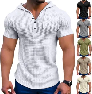 Men's Waffle Knit Hoodies Short Sleeve Drawstring Sweatshirts Solid Color Quarter Button Shirts Muscle Fit T Shirts