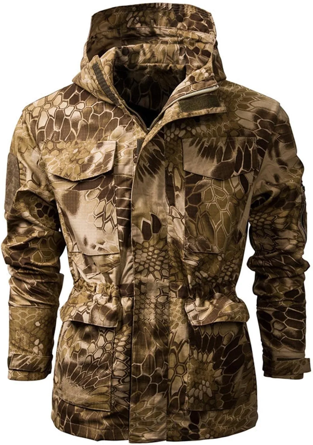 Military Camo Hooded Jacket for Men Tactical Outdoor Camouflage Hunting Cinch Waist Hooded Coat Windproof Outwear