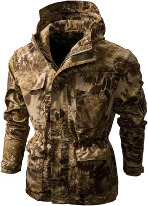 Military Camo Hooded Jacket for Men Tactical Outdoor Camouflage Hunting Cinch Waist Hooded Coat Windproof Outwear