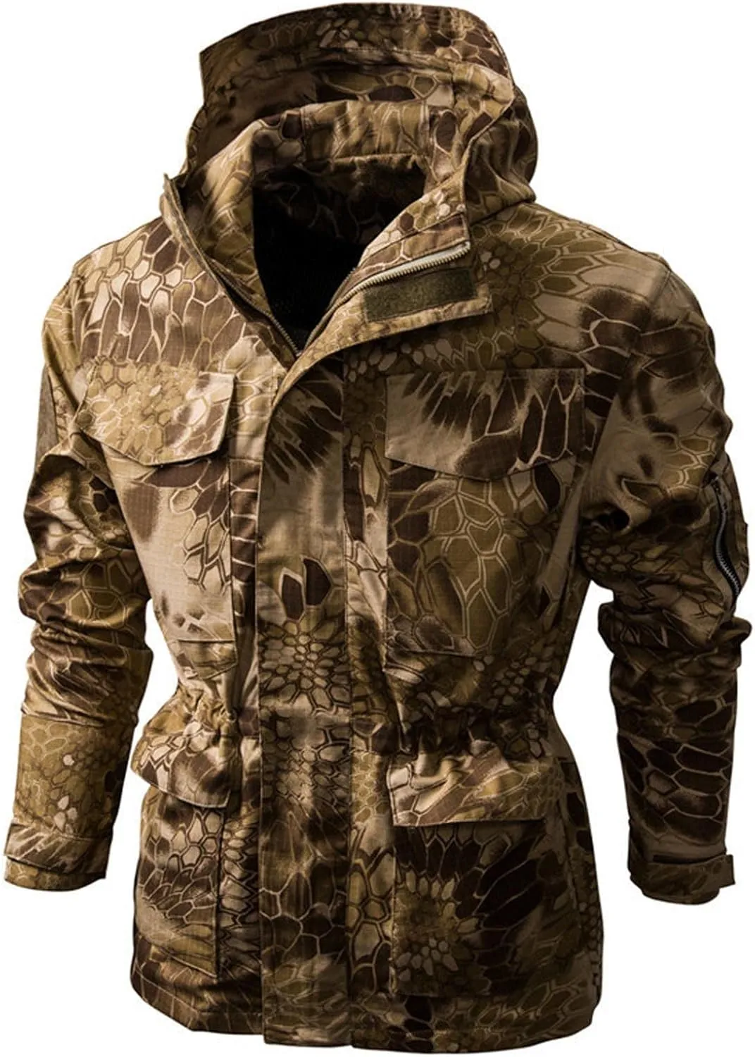 Military Camo Hooded Jacket for Men Tactical Outdoor Camouflage Hunting Cinch Waist Hooded Coat Windproof Outwear