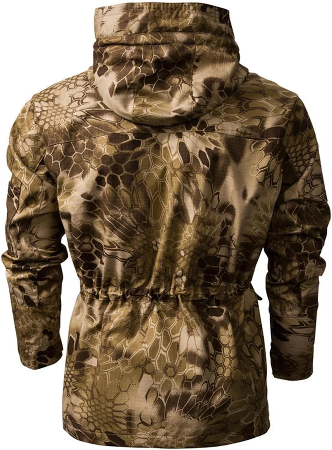 Military Camo Hooded Jacket for Men Tactical Outdoor Camouflage Hunting Cinch Waist Hooded Coat Windproof Outwear