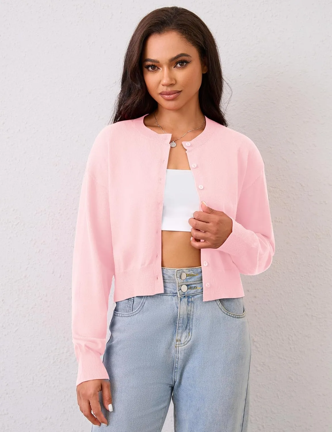 MISSACTIVER Women's Button Down Cropped Cardigan Sweater Solid Open Front Long Sleeve Crewneck Knitted Fall Cardigans Jacket