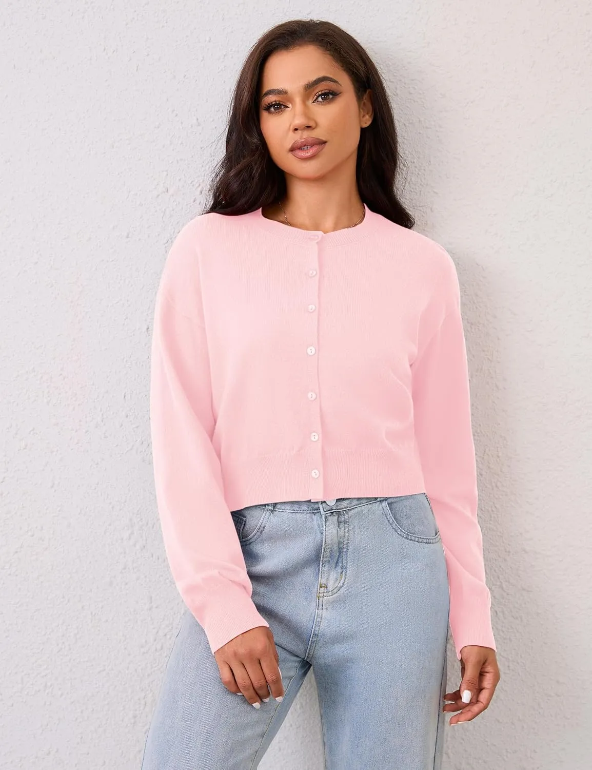 MISSACTIVER Women's Button Down Cropped Cardigan Sweater Solid Open Front Long Sleeve Crewneck Knitted Fall Cardigans Jacket