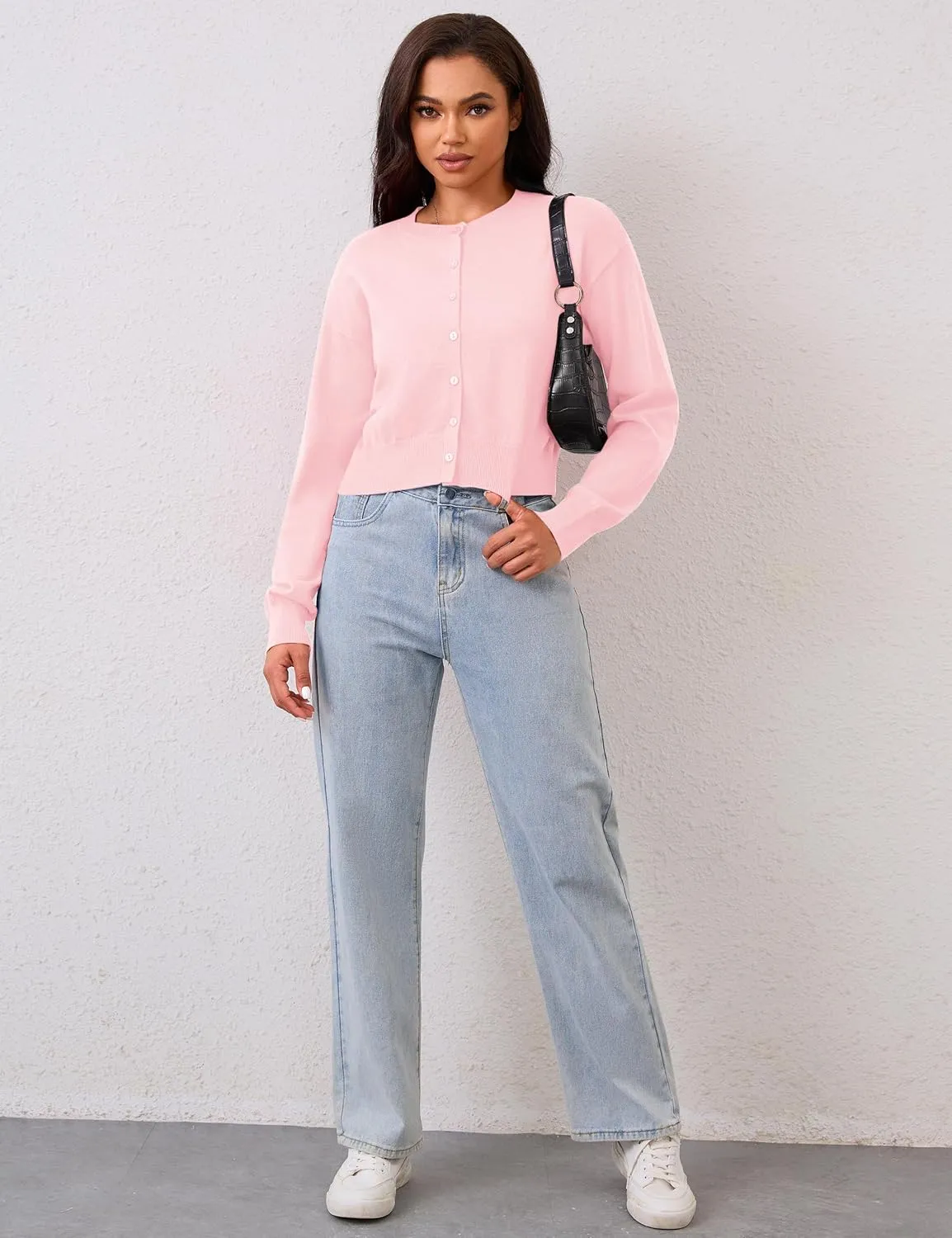 MISSACTIVER Women's Button Down Cropped Cardigan Sweater Solid Open Front Long Sleeve Crewneck Knitted Fall Cardigans Jacket