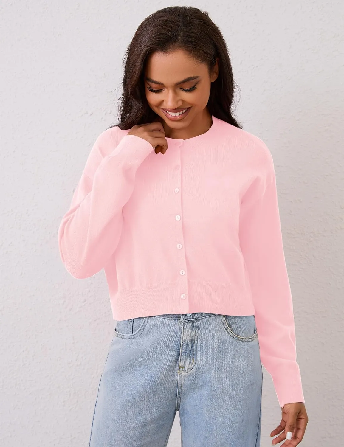 MISSACTIVER Women's Button Down Cropped Cardigan Sweater Solid Open Front Long Sleeve Crewneck Knitted Fall Cardigans Jacket