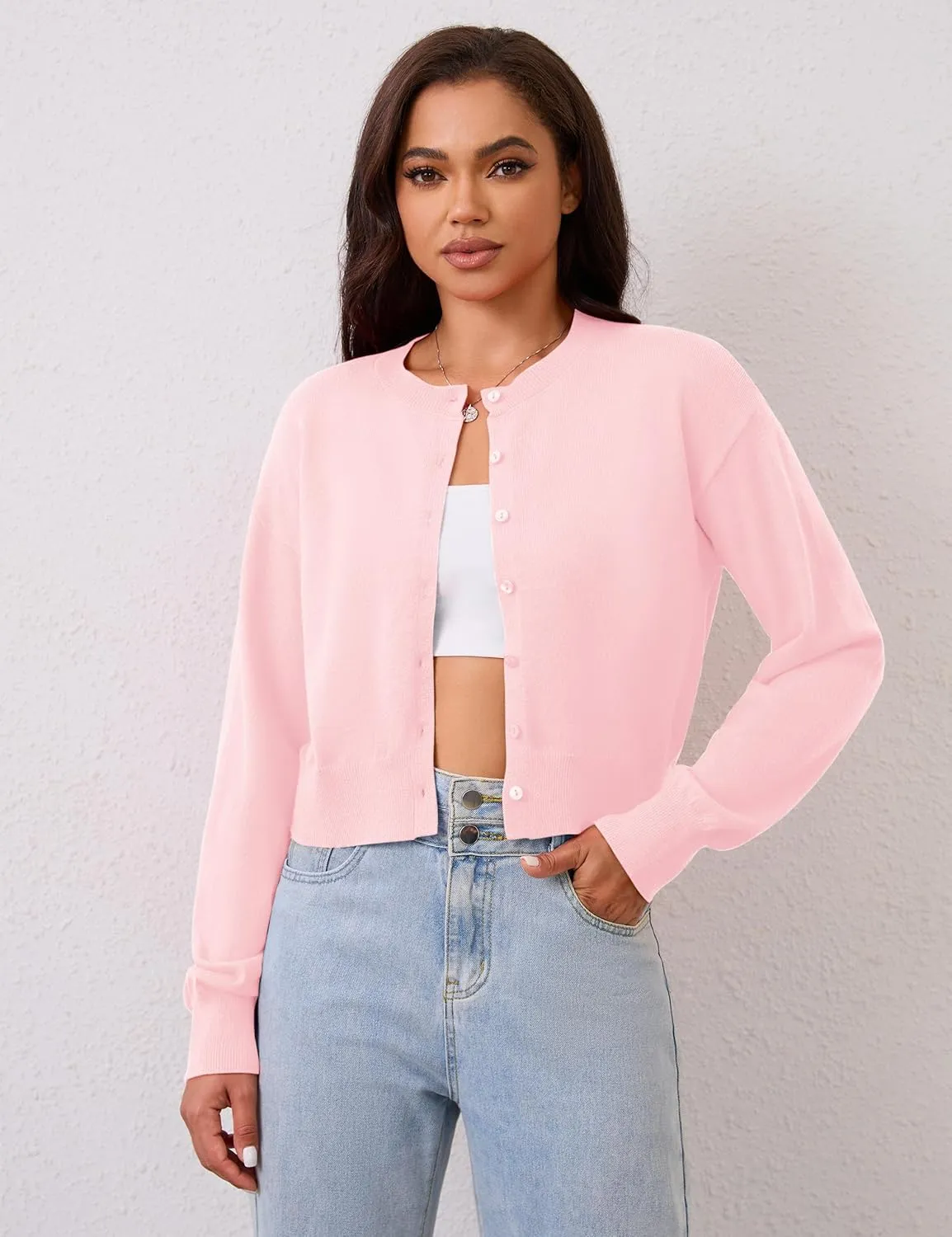 MISSACTIVER Women's Button Down Cropped Cardigan Sweater Solid Open Front Long Sleeve Crewneck Knitted Fall Cardigans Jacket