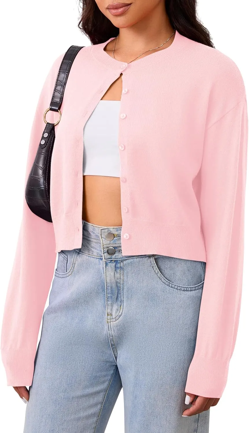 MISSACTIVER Women's Button Down Cropped Cardigan Sweater Solid Open Front Long Sleeve Crewneck Knitted Fall Cardigans Jacket